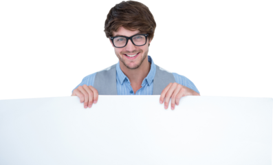 Handsome man holding blank panel