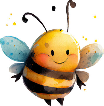 Cute Honey bee smiled, watercolor style, flying bee. insects. isolated on white background. Generative AI	