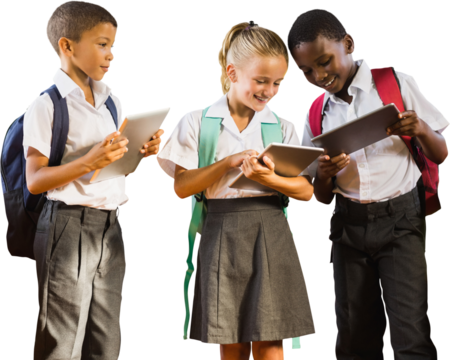 Students in uniforms using digital tablets - Powered by Adobe