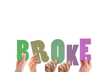 Cropped hands holding colorful word broke 