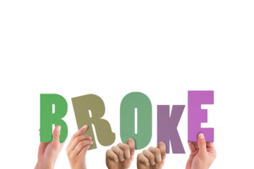 Cropped hands holding colorful word broke 