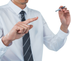 Executive pretending to write with pen on an invisible screen