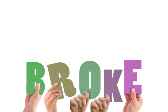 Cropped hands holding colorful word broke 