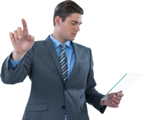 Businessman holding futuristic digital tablet 