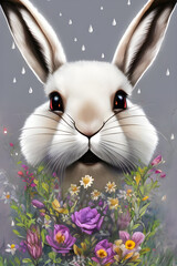 Obraz na płótnie Canvas Beautiful rabbit with floral decor on a gray background with raindrops. Colorful wildlife portrait Poster for spring holidays, generative AI.