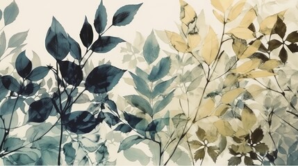 A soft background of leaves in digitally illustrated watercolor and ink style. Generative AI. 