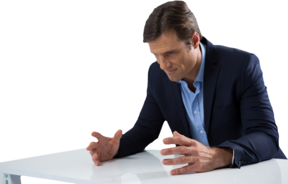 Frustrated businessman gesturing against white background