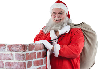 Portrait of Santa Claus with eyeglasses carrying bag full of gifts