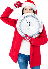 Beautiful brunette with santa hat holding clock