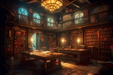 A library with many books on shelves Generative AI