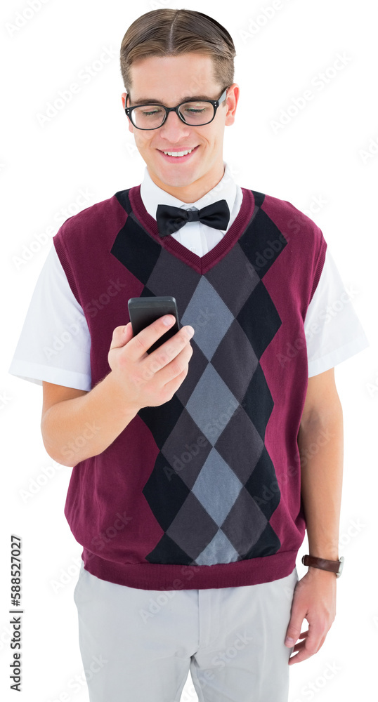 Poster geeky hipster sending a text