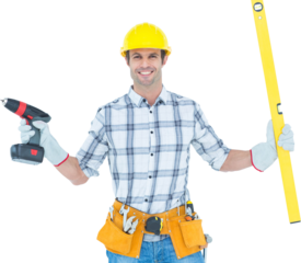 Technician holding portable drill and spirit level