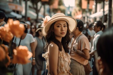 Gorgeous in Apricot: A Stunning Woman Glows Amidst a Swarm of Onlookers
