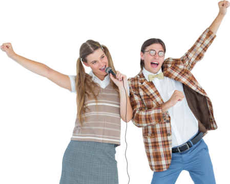 Happy geeky hipsters singing with microphone
