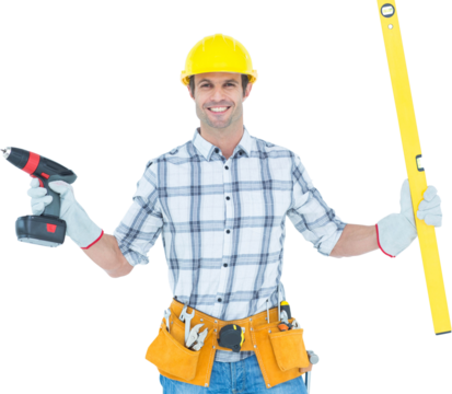 Technician holding portable drill and spirit level