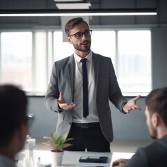 Charismatic Sales Executive Captivates Boardroom: Delivering a Convincing Presentation with Confidence and Charisma to Seal the Deal with Prospective Clients.