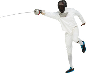 Man wearing fencing suit practicing with sword