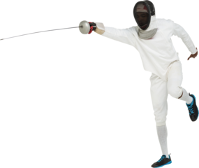 Man wearing fencing suit practicing with sword