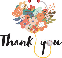 Bunch of flowers forming a stethoscope with Thank You text icon