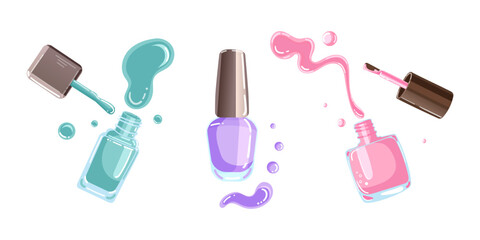 Set of vector illustrations of multicolored nail polish and nail polish drops - obrazy, fototapety, plakaty