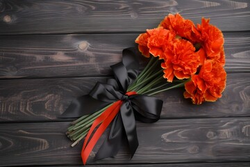 A pair of black boots with orange flowers on a wooden surface Generative AI