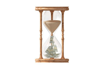 Wooden egg timer with sand and banknotes