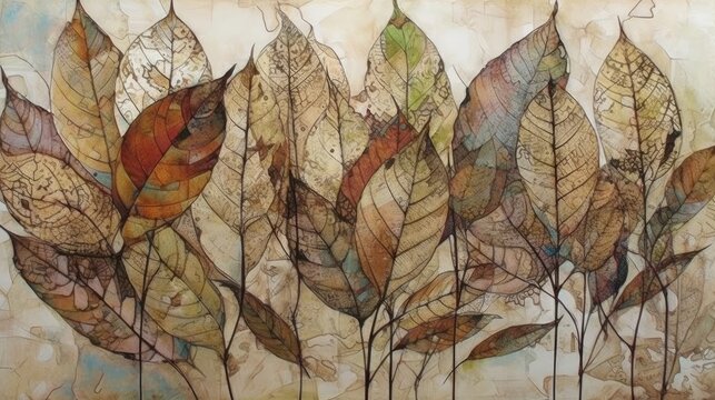 A soft background of leaves in digitally illustrated watercolor and ink style. Generative AI. 