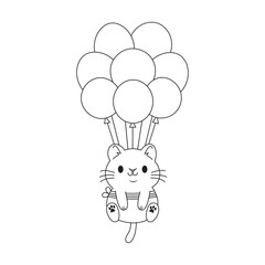 Vector a cute cat in love flies on balloons coloring book page for kids valentine's day