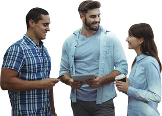 Smiling business people discussing against white background