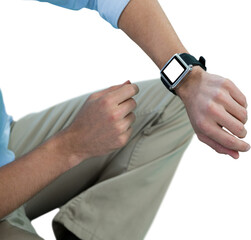 Man using smart watch against white background