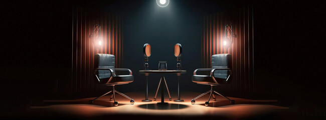 two chairs and microphones in podcast or interview room on dark background as a wide banner for media conversations or podcast streamers concepts with copyspace - Generative AI - obrazy, fototapety, plakaty