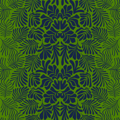 Fototapeta premium Dark blue green abstract background with tropical palm leaves in Matisse style. Vector seamless pattern with Scandinavian cut out elements.