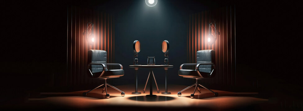 two chairs and microphones in podcast or interview room on dark background as a wide banner for media conversations or podcast streamers concepts with copyspace - Generative AI