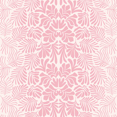 Obraz premium Pink white abstract background with tropical palm leaves in Matisse style. Vector seamless pattern with Scandinavian cut out elements.
