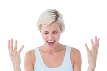 Angry blonde yelling with hands up 