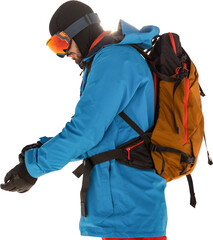 Side view of skier with backpack