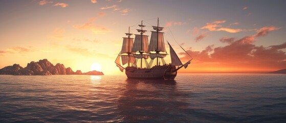 Pirate ship sailing on the open sea, with the wind in its sails and the sun setting in the background. Generative AI