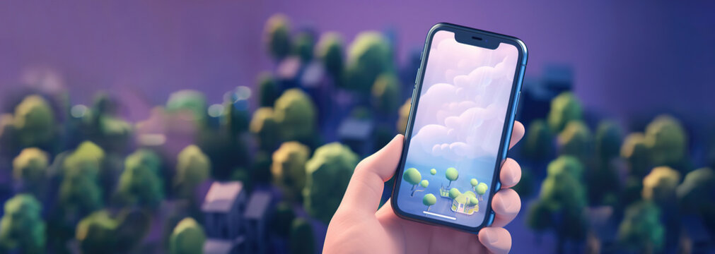 smart phone clean screen mockup with green trees and eco friendly app on defocused forest background for green and environmental concepts apps - Generative AI