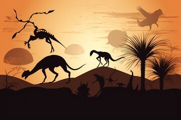 Silhouette of dinosaurs and a sunset Generative AI