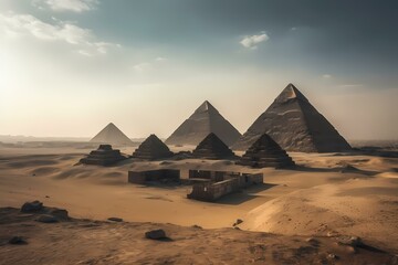 Fototapeta na wymiar A group of pyramids in a desert with great pyramid of giza in the background Generative AI