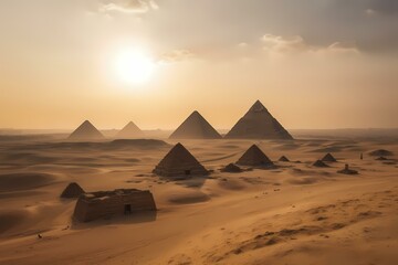 Fototapeta na wymiar Pyramids in a desert with great pyramid of giza in the background Generative AI
