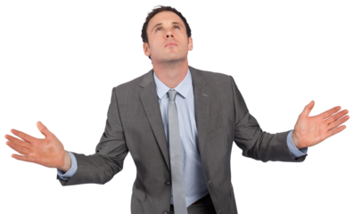 Businessman posing with hands out