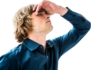 Troubled hipster businessman holding his head