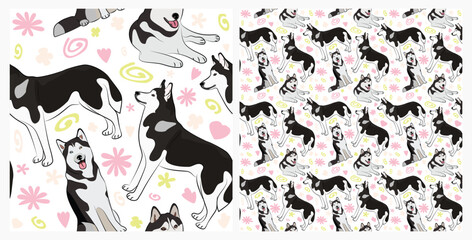 Spring pattern with spirals, leaf, flowers, 
Husky dogs. Pastel colors. Elegant, soft seamless background, abstract summer pattern with hand-drawn colorful shapes. Delicate, gender-neutral, child's.