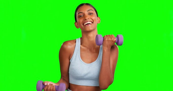 Green screen, face or happy woman with dumbbells for exercise, fitness or workout in zumba class, dynamic training or aerobics. Portrait, smile or sports athlete with weights in isolated dance mockup