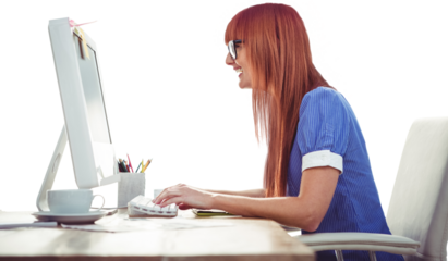 Smiling hipster woman typing on keyboard