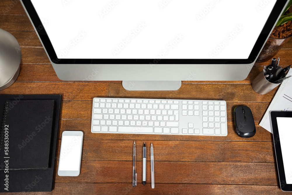 Poster office desk with mobile phone and computer