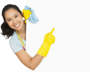 Woman in rubber gloves pointing to the white surface