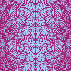 Purple blue abstract background with tropical palm leaves in Matisse style. Vector seamless pattern with Scandinavian cut out elements.