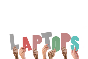 Colorful alphabet spelling laptops held up by people 